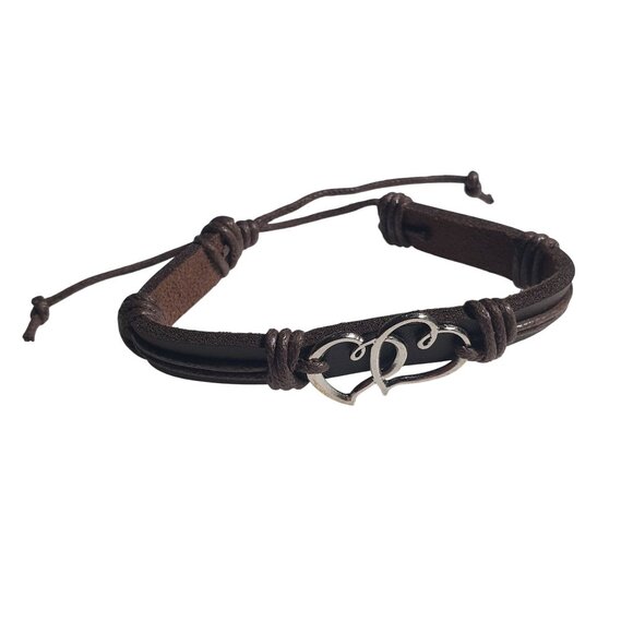 Leather Bracelet Intertwined Hearts Adjustable Brown Dark Silver Tone Jewelry - Picture 1 of 5